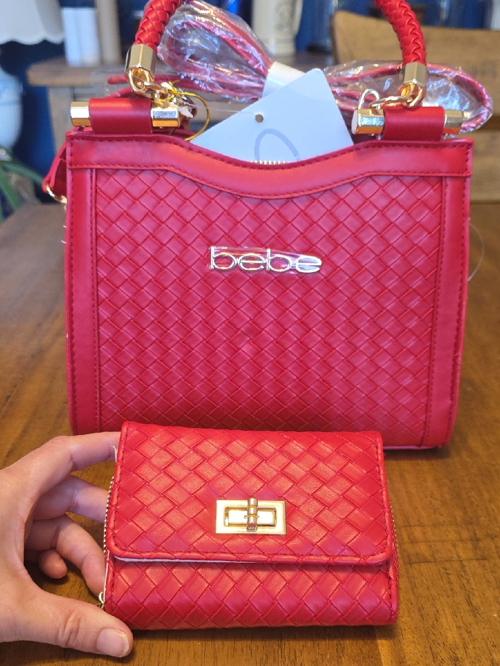 Bebe Red Woven Tote Handbag with Matching Wallet Nwt - Picture 3 of 16